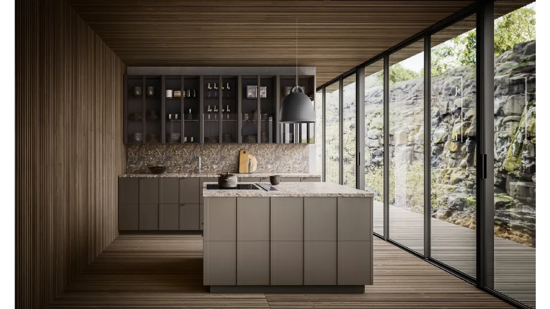 Cucina Moderna Maggiorana finitura laccato Fango Opaco con top in Marmo Emperador opaco di Valdesign