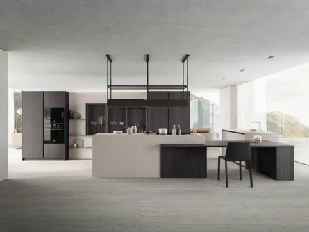 Cucina Moderna con isola angolare Zafferano 03 finitura laminato Fokos e nobilitato Eukalipto fossile di Valdesign