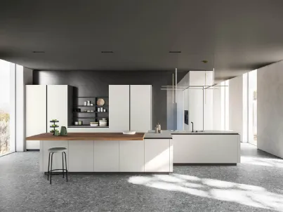 Cucina Moderna con isola finitura Fenix Grigio Efeso con piano tavolo in nobilitato Noce naturale Zafferano 05 di Valdesign