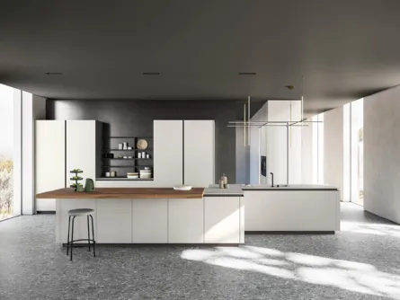 Cucina Moderna con isola finitura Fenix Grigio Efeso con piano tavolo in nobilitato Noce naturale Zafferano 05 di Valdesign